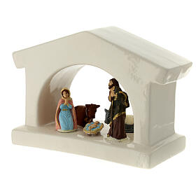 Modern white stable with Nativity, Deruta terracotta, for 6 cm Nativity Scene