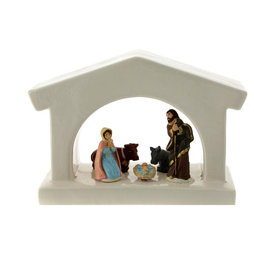 Modern white stable with Nativity, Deruta terracotta, for 6 cm Nativity Scene 1