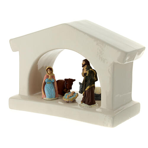 Modern white stable with Nativity, Deruta terracotta, for 6 cm Nativity Scene 2