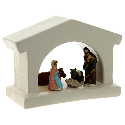 Modern white stable with Nativity, Deruta terracotta, for 6 cm Nativity Scene 3