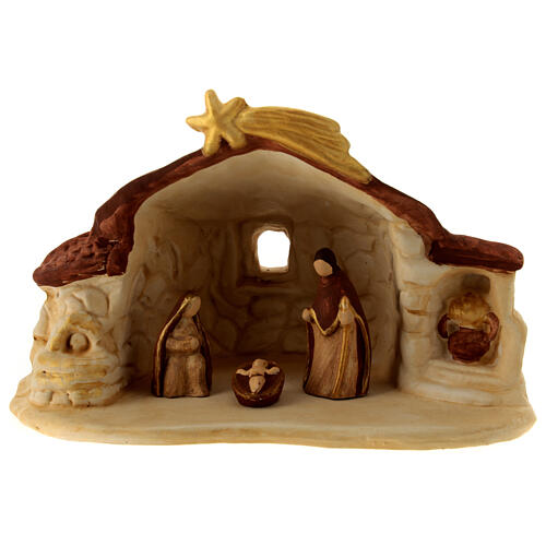 Stone-finished stable with Nativity, Deruta terracotta, for 6 cm Nativity Scene 1