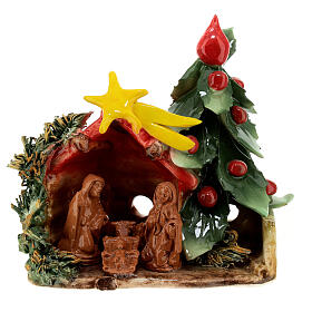 Small Nativity stable with tiled roof and Christmas tree, Deruta terracotta, 7x6x4 in