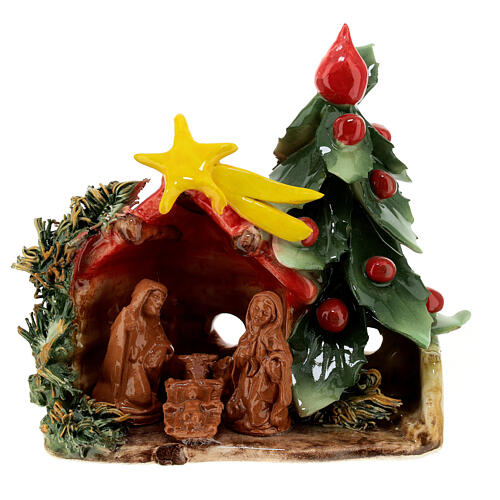 Small Nativity stable with tiled roof and Christmas tree, Deruta terracotta, 7x6x4 in 1
