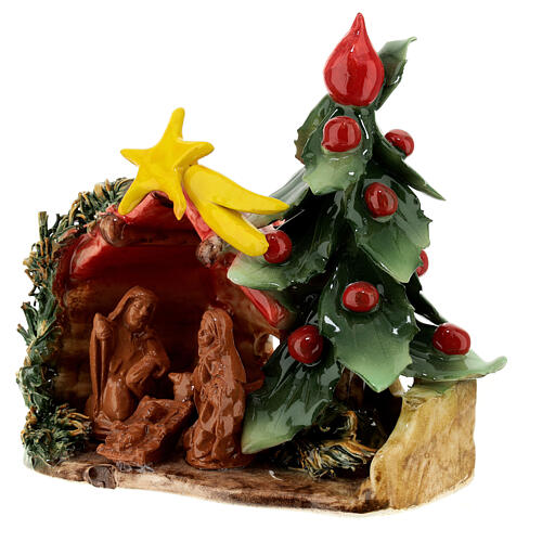 Small Nativity stable with tiled roof and Christmas tree, Deruta terracotta, 7x6x4 in 2