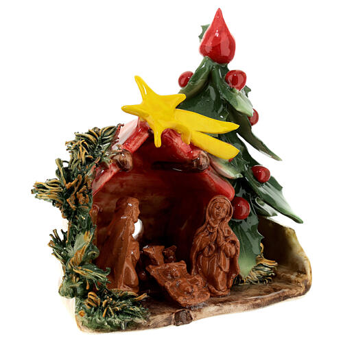 Small Nativity stable with tiled roof and Christmas tree, Deruta terracotta, 7x6x4 in 3