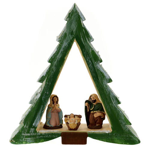 Pine-shaped stable with Nativity, painted terracotta, Deruta, 8 cm characters 1