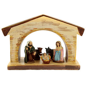 Nativity stable with Holy Family, Deruta terracotta with wooden finish, 7.5x11x4 in
