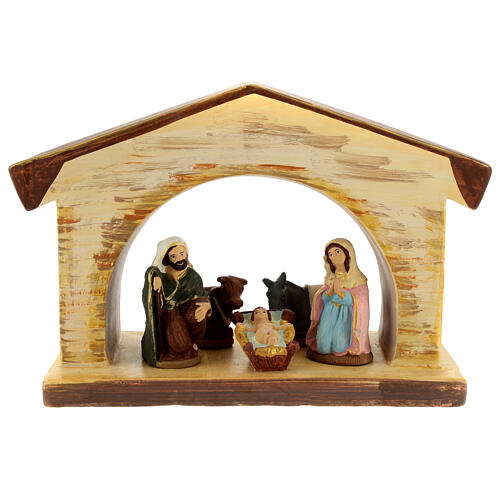 Nativity stable with Holy Family, Deruta terracotta with wooden finish, 7.5x11x4 in 1