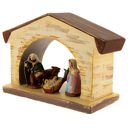 Nativity stable with Holy Family, Deruta terracotta with wooden finish, 7.5x11x4 in 2