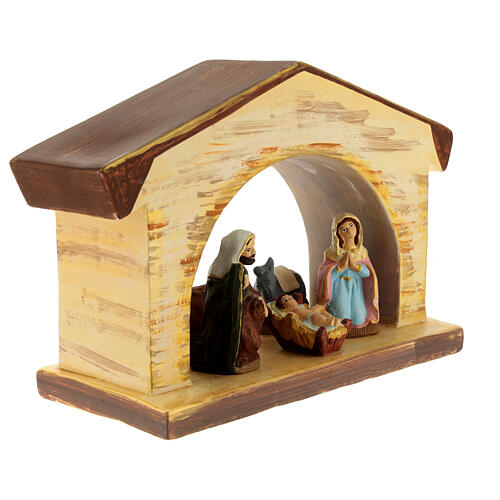 Nativity stable with Holy Family, Deruta terracotta with wooden finish, 7.5x11x4 in 3