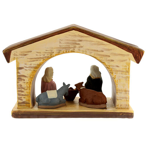 Nativity stable with Holy Family, Deruta terracotta with wooden finish, 7.5x11x4 in 4