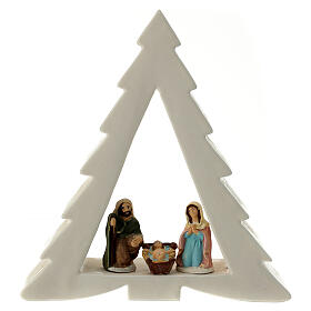 Pine-shaped white stable with Nativity, Deruta terracotta, 8 cm characters