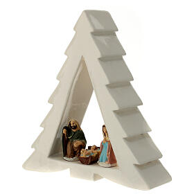 Pine-shaped white stable with Nativity, Deruta terracotta, 8 cm characters