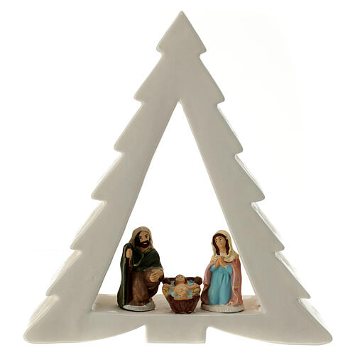 Pine-shaped white stable with Nativity, Deruta terracotta, 8 cm characters 1