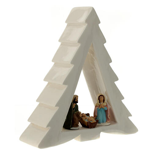Pine-shaped white stable with Nativity, Deruta terracotta, 8 cm characters 3