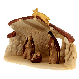 Stone-finished stable with stylised Nativity, Deruta terracotta, for 10 cm Nativity Scene
