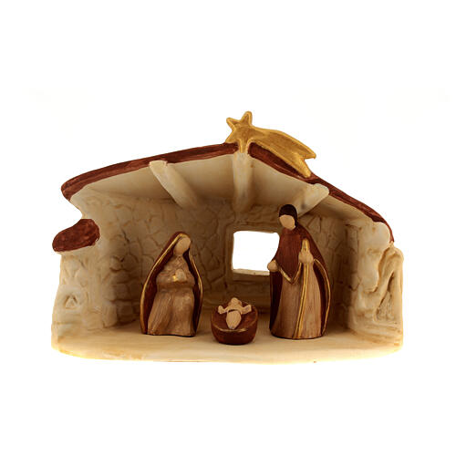 Stone-finished stable with stylised Nativity, Deruta terracotta, for 10 cm Nativity Scene 1
