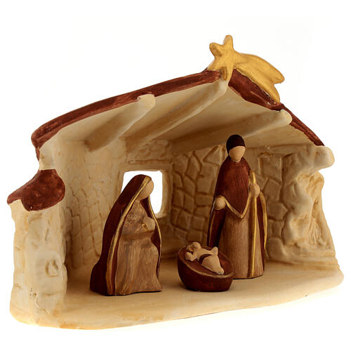 Stone-finished stable with stylised Nativity, Deruta terracotta, for 10 cm Nativity Scene 3