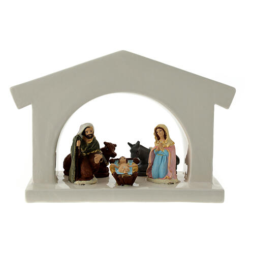 Modern white stable with Nativity, Deruta terracotta, 10 cm characters 1