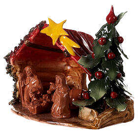 Stable with Nativity and Christmas tree, Deruta terracotta, 8x9x6 in