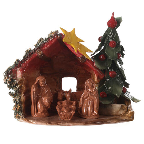 Stable with Nativity and Christmas tree, Deruta terracotta, 8x9x6 in 1