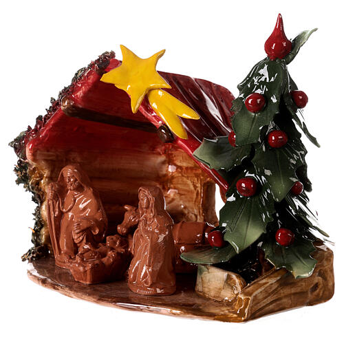 Stable with Nativity and Christmas tree, Deruta terracotta, 8x9x6 in 2