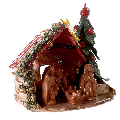 Stable with Nativity and Christmas tree, Deruta terracotta, 8x9x6 in 3