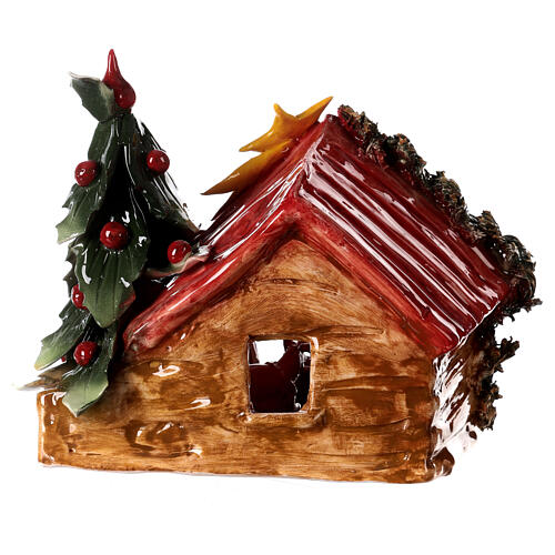 Stable with Nativity and Christmas tree, Deruta terracotta, 8x9x6 in 4