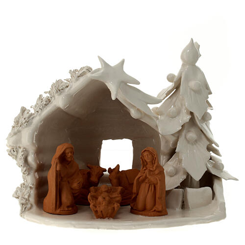 Nativity stable with Christmas tree, Deruta terracotta, 8x9x3 in 1