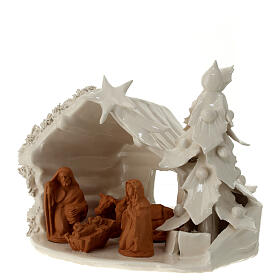 Cabane blanche avec Nativité comète et sapin terre cuite naturelle Deruta 20x25x15 cm