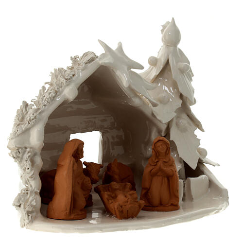 Cabane blanche avec Nativité comète et sapin terre cuite naturelle Deruta 20x25x15 cm 3