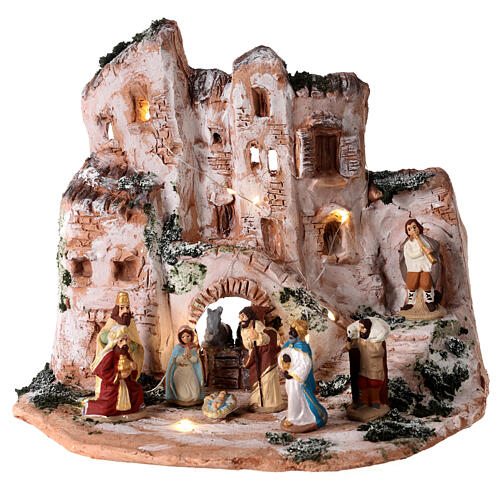 Village with Nativity Scene, painted 2.4 in figurines, Deruta terracotta 1
