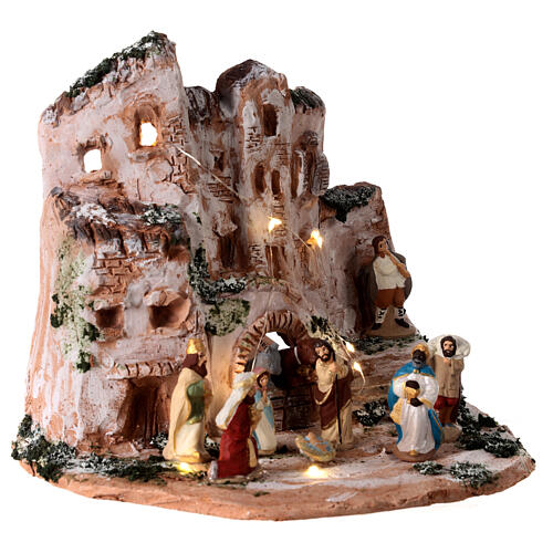 Village with Nativity Scene, painted 2.4 in figurines, Deruta terracotta 4