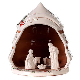 Pine-shaped stable with Nativity, medium size, painted Deruta terracotta, h 8 in