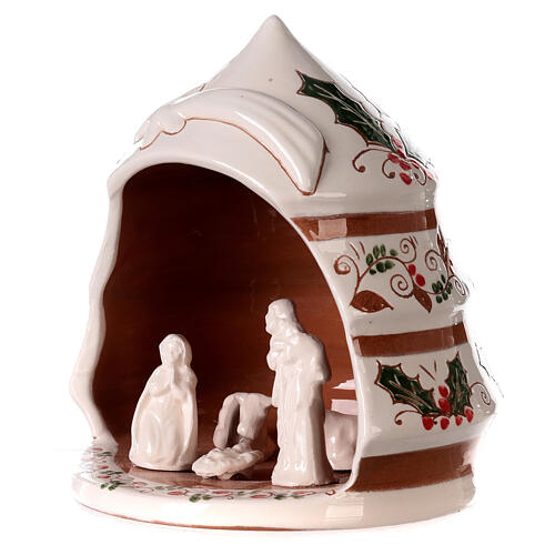 Pine-shaped stable with Nativity, medium size, painted Deruta terracotta, h 8 in 2