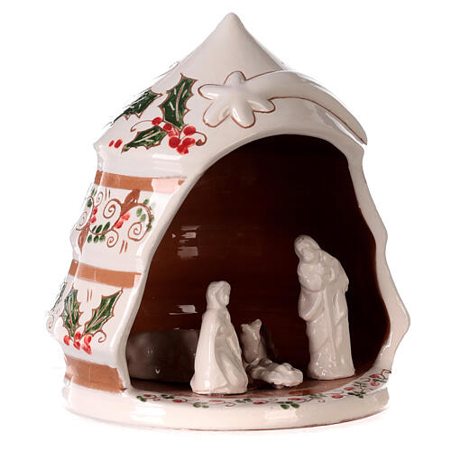 Pine-shaped stable with Nativity, medium size, painted Deruta terracotta, h 8 in 3