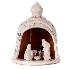 Bell-shaped stable with Nativity and holly pattern, painted Deruta terracotta, 7x6 in