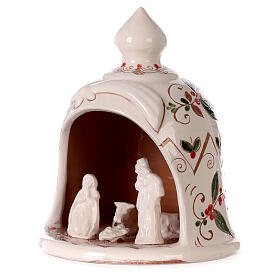 Bell-shaped stable with Nativity and holly pattern, painted Deruta terracotta, 7x6 in