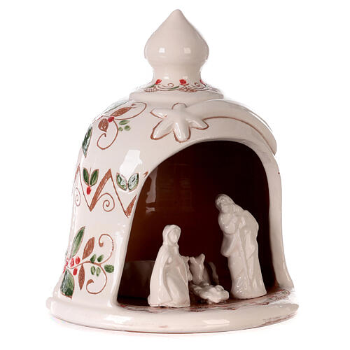 Bell-shaped stable with Nativity and holly pattern, painted Deruta terracotta, 7x6 in 3