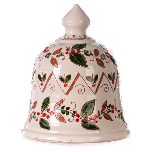 Bell-shaped stable with Nativity and holly pattern, painted Deruta terracotta, 7x6 in 4