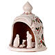 Bell-shaped stable with Nativity and holly pattern, painted Deruta terracotta, 7x6 in s2