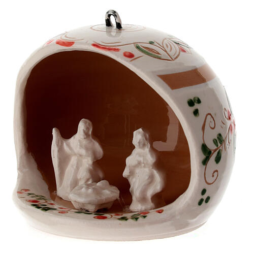 Open ball with Nativity, cream-coloured Deruta terracotta, 3 in 2