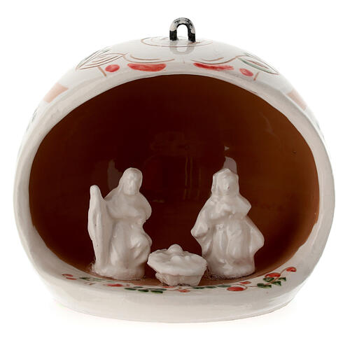 Open ball with Holy Family set in cream Deruta terracotta 8cm 1