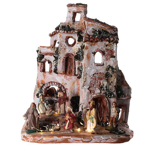 Setting with Nativity Scene, painted 2.4 in figurines, Deruta terracotta 1