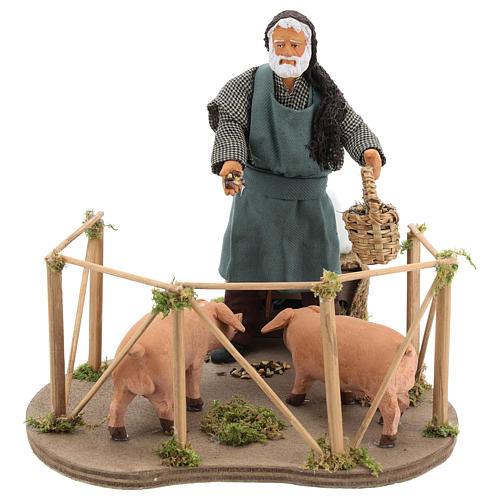Animated Nativity scene figurine, man feeding pigs 14cm 1