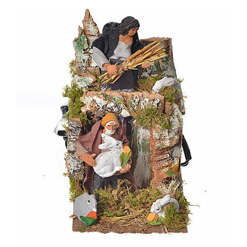 Animated nativity scene figurine, two shepherds and rabbits 8cm 1