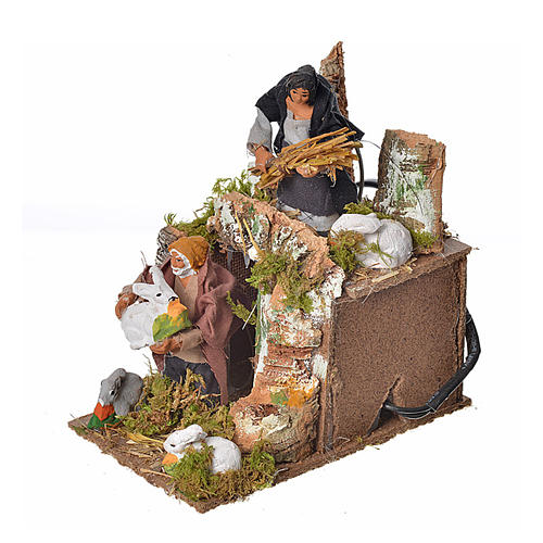 Animated nativity scene figurine, two shepherds and rabbits 8cm 3