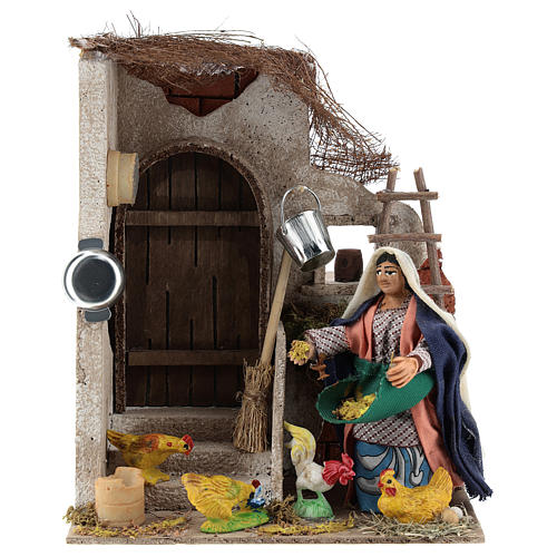 Neapolitan Nativity figurine, moving lady with hens, 10 cm 1