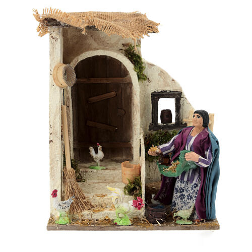 Neapolitan Nativity figurine, moving lady with hens, 10 cm 1