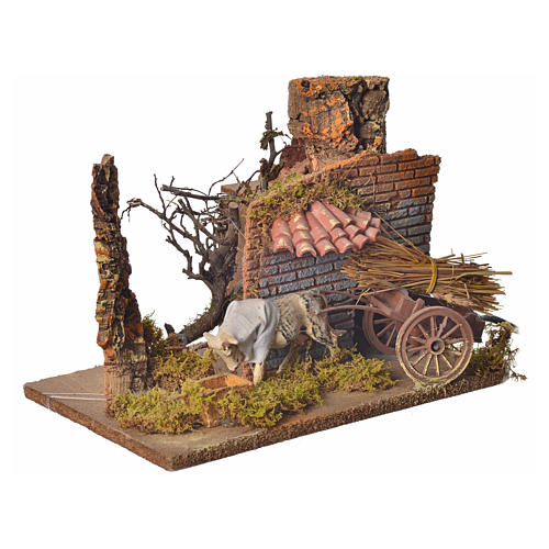 Boeuf et charrette animés pour crèche 10 cm 2
